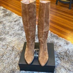 Silent d Brown Suede Slouchy Kitten Heel Boots.